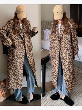 Utcoco Womens Leopard Long Wool Trench Coat Notched Lapel Double Breasted Pea